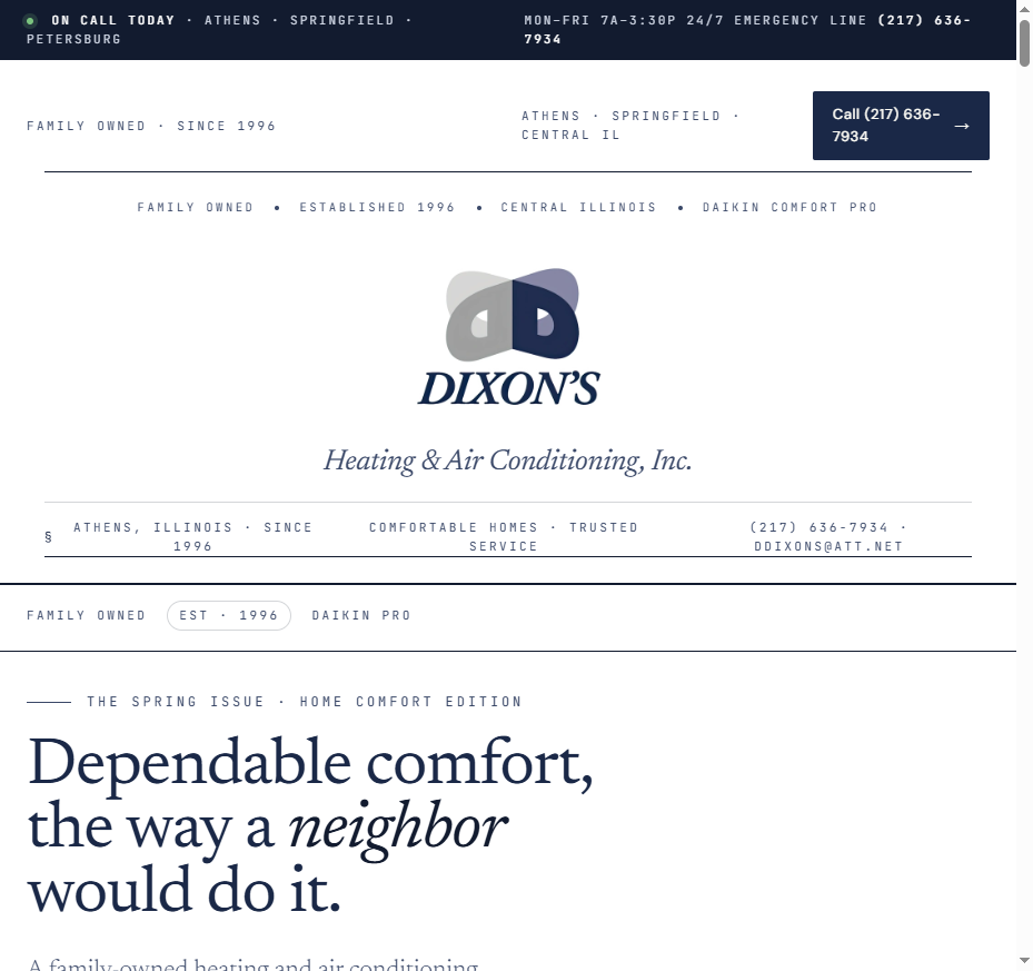 Dixon's Heating & Air website homepage.