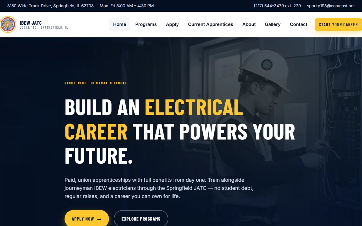 Springfield JATC 193 apprenticeship website homepage.